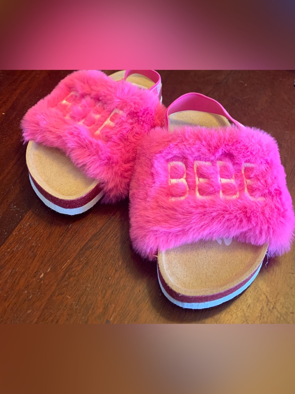 bebe Hot Pink Fuzzy Kids Slide/Slippers